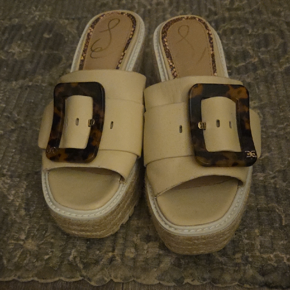 Sam Edelman Cream Platform Mules with Tortoise Buckle